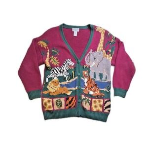 Vintage P Galli Safari Zoo Animal Chunky Knit Cardigan Sweater 90s Size Medium
